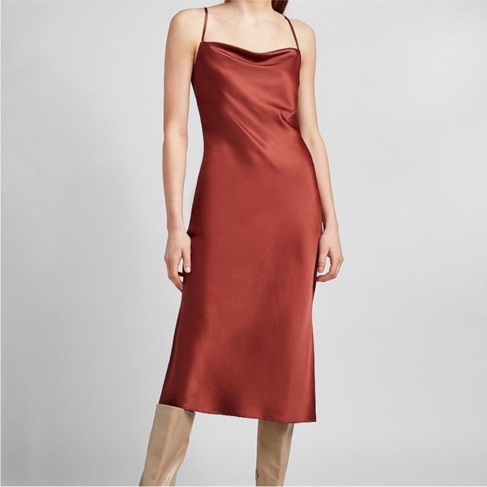 Express Satin Midi Cowl Neck Wedding/Cocktail Dress